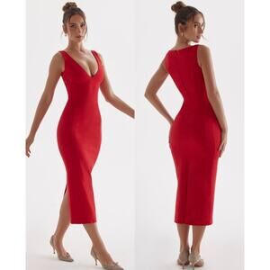 NEW House of CB Plunge Maxi Dress Bengaline Lined Romantic Chic Red Rose Size XS